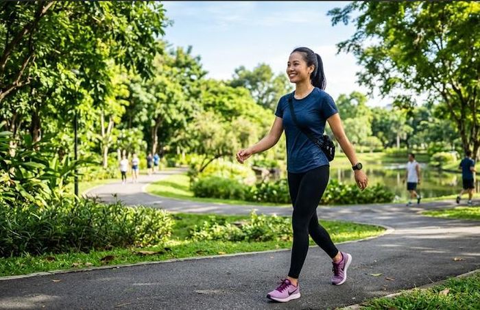 Lợi ích của việc đi bộ 2 km mỗi ngày không nằm ở con số, mà ở thói quen vận động đều đặn và phù hợp với sức khỏe của mỗi người. Ảnh AI.