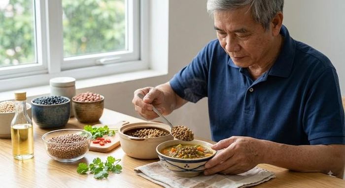 Người sau tuổi 60 nên bổ sung đa dạng các loại thực phẩm giàu chất xơ vào chế độ ăn hàng ngày. Ảnh minh họa AI.