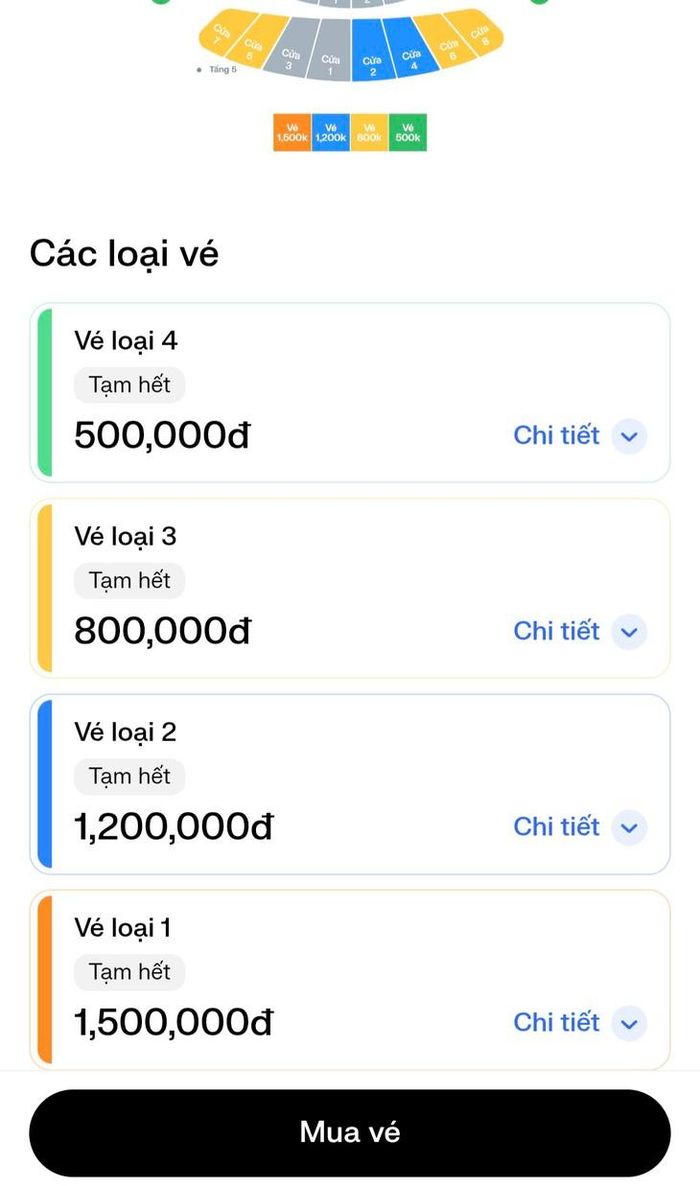 Có 4 mệnh giá gồm 500.000 đồng, 800.000 đồng, 1,2 triệu đồng và 1,5 triệu đồng/vé. Ảnh chụp màn hình.