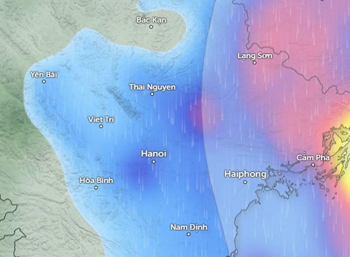 Dự báo mưa ở một số khu vực tại miền Bắc sáng sớm mai, 23/8. Ảnh: Zoom Earth, OpenStreetMap, ICON.