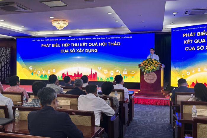 Giám đốc Sở Xây dựng TP.HCM Trần Quang Lâm phát biểu tại Hội thảo giải pháp xây dựng và phát triển đô thị thông minh trên địa bàn TP.HCM. Ảnh: L.P. 