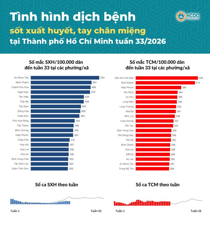  Tình hình sốt xuất huyết và tay chân miệng tại TP.HCM trong tuần 33. Nguồn: HCDC. 