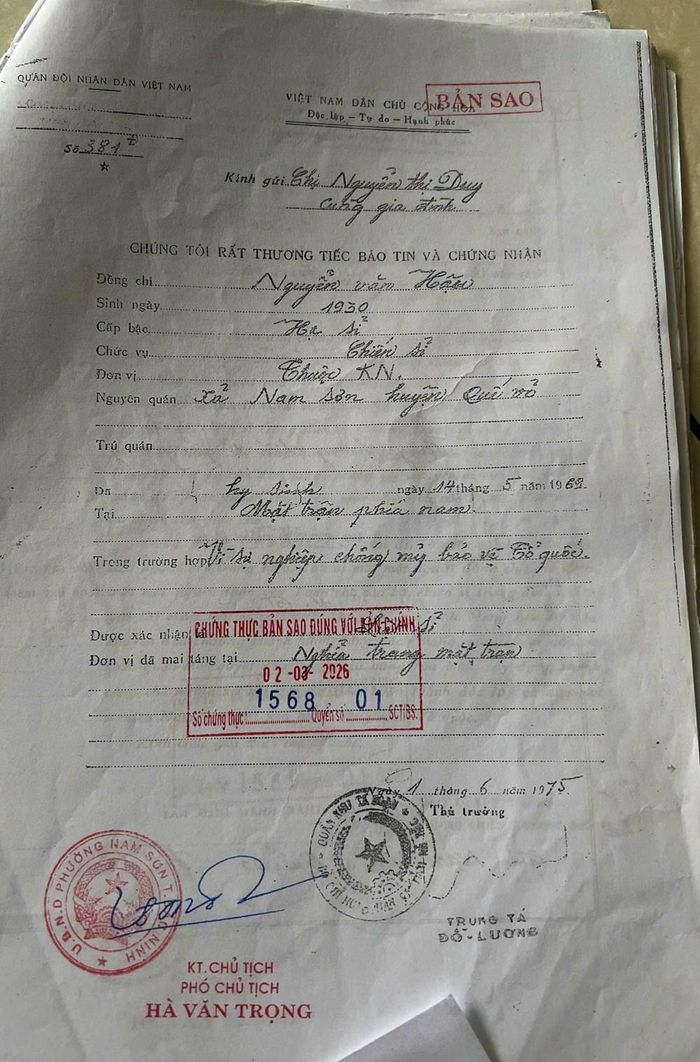 Giấy báo tử liệt sĩ Nguyễn Văn Hậu