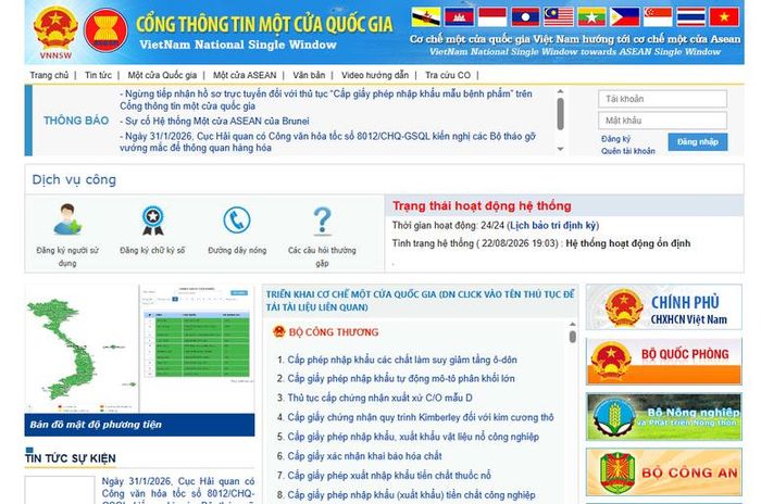 Giao diện Cổng thông tin một cửa quốc gia.