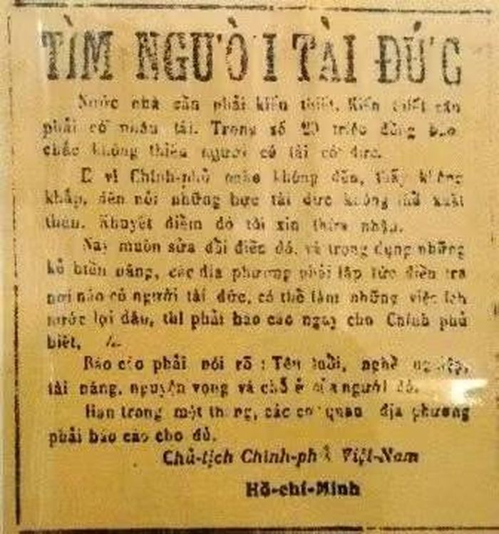 Bài viết “Tìm người tài đức” của Bác năm 1946 đăng trên Báo Cứu quốc số 411 ngày 20/11/1946.