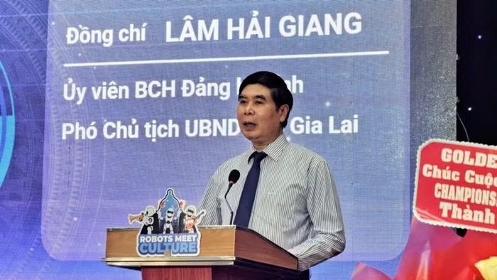 Phó Chủ tịch Ủy ban nhân dân tỉnh Gia Lai Lâm Hải Giang phát biểu tại lễ khai mạc. (Ảnh: Lương Tùng)