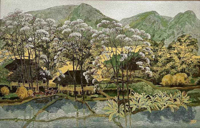 Tác phẩm sơn mài nhan đề Bản Thái (81x126cm, năm 2025) của tác giả Nguyễn Thị May, giảng viên Trường đại học Sư phạm Nghệ thuật Trung ương.