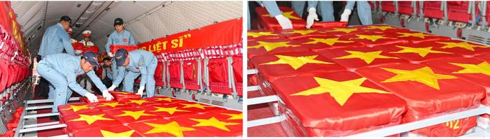  Cán bộ, chiến sĩ trang trọng đặt các mẫu sinh phẩm hài cốt liệt sĩ trên máy bay. Ảnh: MẠNH THẮNG 