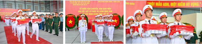  Đội tiêu binh đưa các mẫu sinh phẩm hài cốt liệt sĩ lên máy bay tại ga quân sự, sân bay Tân Sơn Nhất. ẢNH: MẠNH THẮNG 