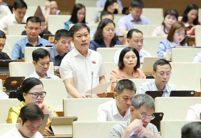  ĐB Nguyễn Khánh Vũ (Quảng Trị) thảo luận tại hội trường. Ảnh: QUANG PHÚC 