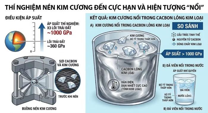 Các thí nghiệm nóng chảy mới xác nhận rằng kim cương nổi trong cacbon lỏng kim loại ở áp suất cao, tương tự như đá viên nổi trong cốc nước do có tỷ trọng nhỏ hơn.