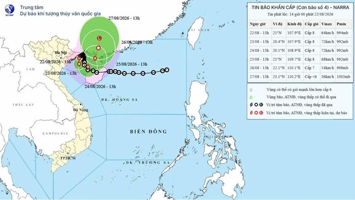 Theo Trung tâm Dự báo khí tượng thủy văn quốc gia, hồi 13h ngày 22/8, vị trí tâm bão số 4 ở vào khoảng 21 độ vĩ Bắc; 107,9 độ kinh Đông, trên vùng biển Quảng Ninh-Hải Phòng. (Nguồn: NCHMF)