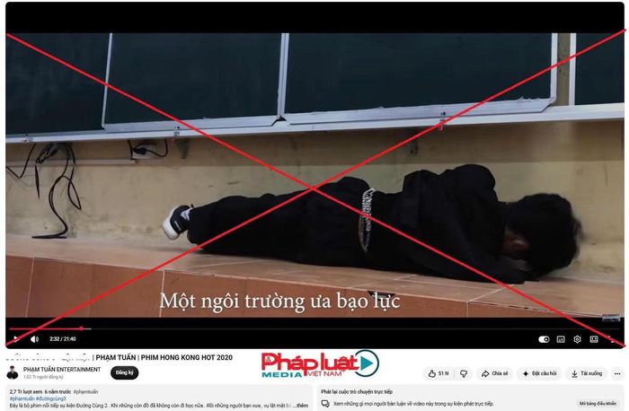 Một trường học bị các đối tượng lấy hình ảnh để làm bối cảnh quay video về bạo lực học đường và bị các đối tượng gắn với nội dung “Một ngôi trường ưa bạo lực” (Ảnh chụp màn hình kênh YouTube “Phạm Tuấn ENTERTAINMENT”).