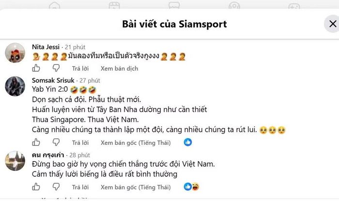 Những bình luận đầy bất lực của cư dân mạng Thái Lan trên fanpage của Siam Sport.