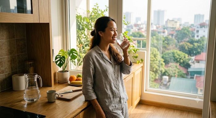 Mỗi ngày thức dậy, bạn nên bắt đầu bằng cốc nước ấm. Ảnh: AI