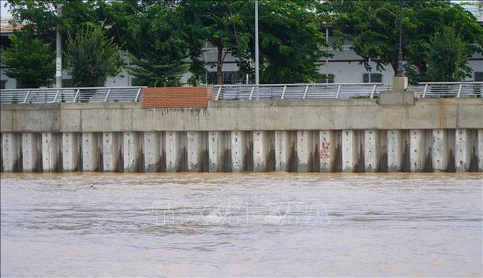 Phần dưới nước của Dự án kè Thường Thới Tiền đã hoàn thành, kịp thời phát huy hiệu quả bảo vệ bờ sông Tiền trước khi mùa lũ bước vào cao điểm. Ảnh: Nhựt An/TTXVN