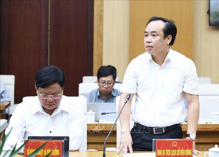 Ông Phạm Tiến Đạt, Giám đốc Khu Di tích lịch sử Đền Hùng phát biểu tại hội nghị. Ảnh: Thu Hương/TTXVN
