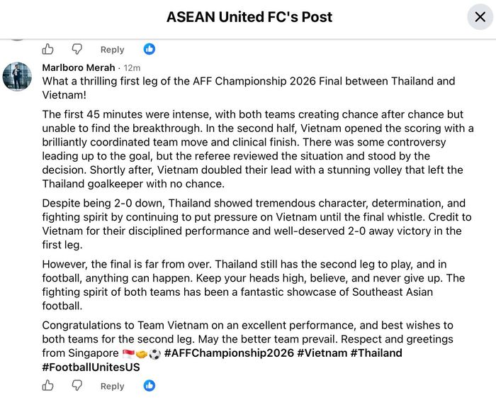 Bình luận của khán giả trên Facebook. Ảnh chụp màn hình: ASEAN United FC