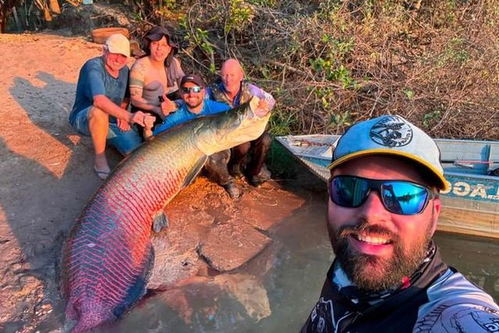 Nhóm người chụp ảnh cùng con cá pirarucu bắt được ở sông Teles Pires, thuộc tỉnh Mato Grosso. Ảnh: Felipe Rossetto