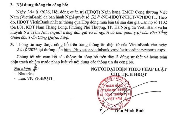 Công bố của VietinBank trên Sở Giao dịch Chứng khoán TP.HCM.