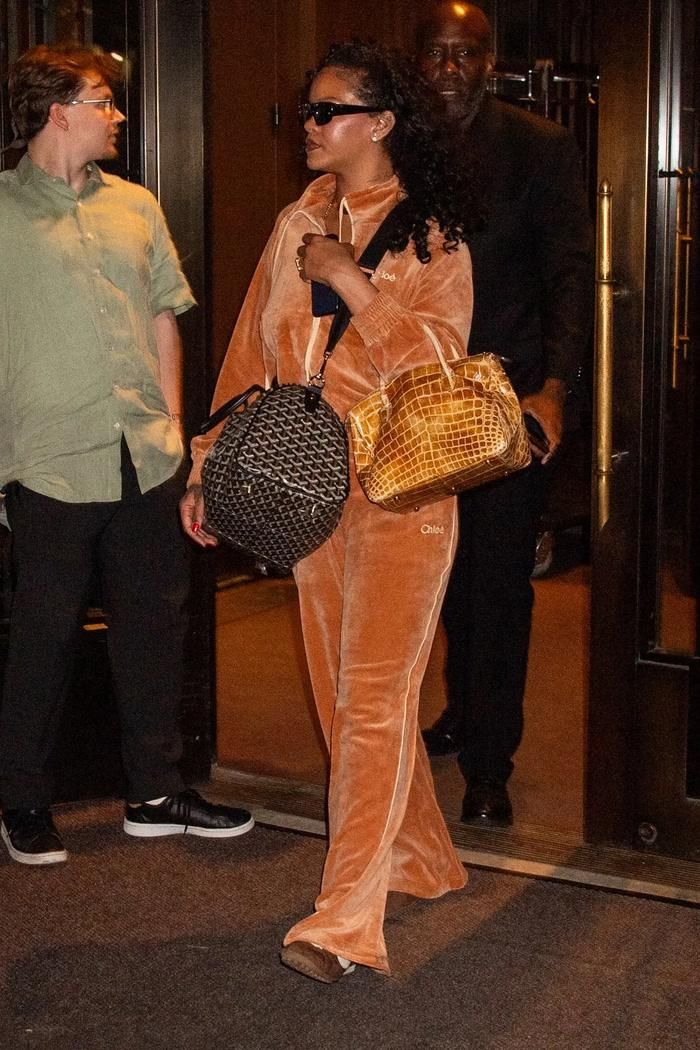 Sau đó, Rihanna tiếp tục bổ sung một chiếc túi du lịch Goyard đeo chéo khi di chuyển đến sân bay. 