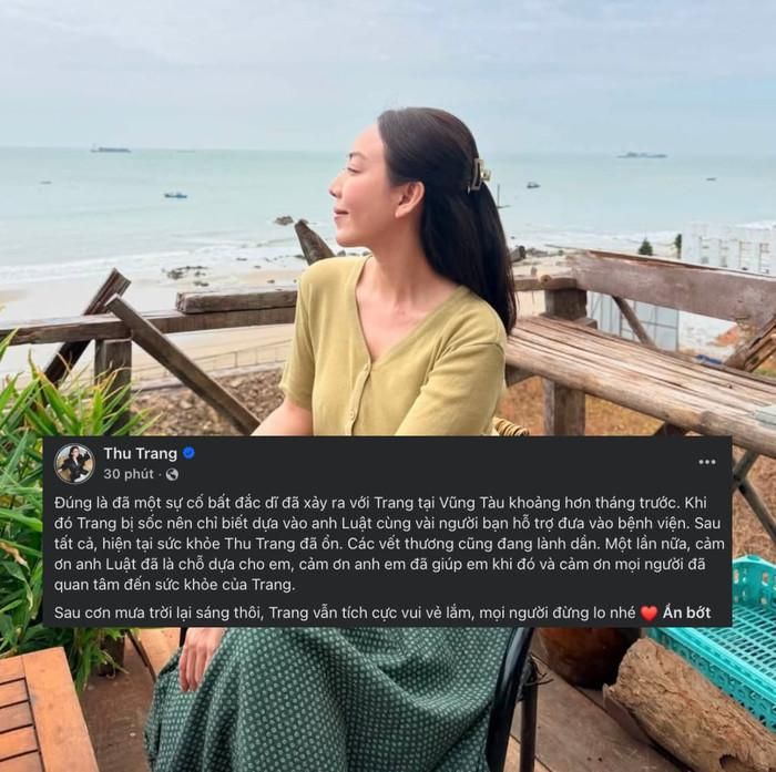 Thu Trang cho biết sức khỏe hiện tại đã ổn định, các vết thương đang dần lành. Ảnh: FBNV