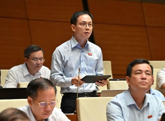 Đại biểu Phạm Thế Anh, Đoàn ĐBQH tỉnh Thanh Hóa thảo luận tại hội trường. Ảnh: Lâm Hiển