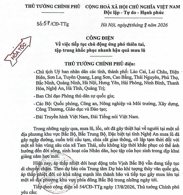 Công điện của Thủ tướng Chính phủ.