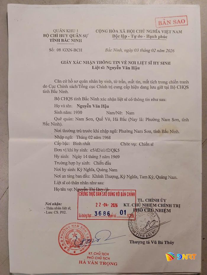 Giấy xác nhận thông tin liệt sĩ Nguyễn Văn Hậu của Bộ Chỉ huy Quân sự tỉnh Bắc Ninh.
