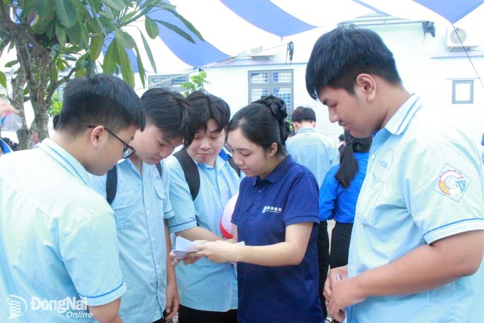 Các doanh nghiệp giới thiệu vị trí tuyển dụng cho sinh viên. Ảnh: N.Hòa