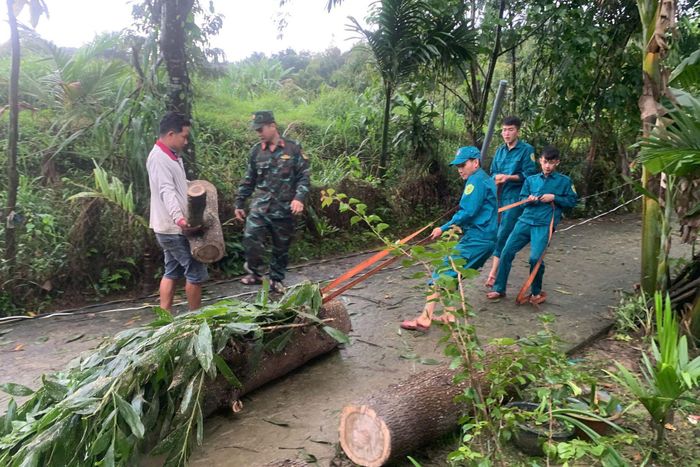 Lực lượng Ban Chỉ huy Quân sự xã ĐẠ Huoai 2 hỗ trợ người dân cưa hạ và di dời cây xanh bị ngã đổ