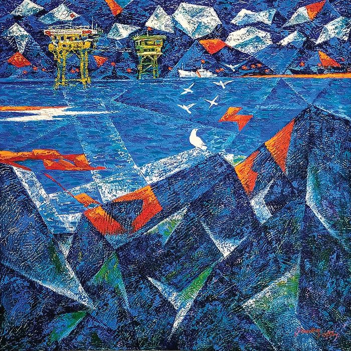 Tác giả Phan Thái Hoàng với tác phẩm “Trường Sa ngày và đêm” (Acrylic và Sơn dầu).