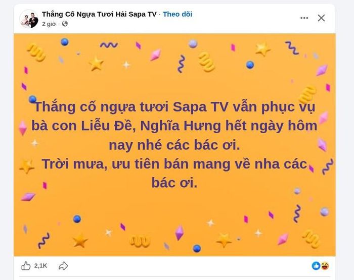 Bài đăng từ nhà hàng Hải Sapa (Ảnh chụp màn hình)