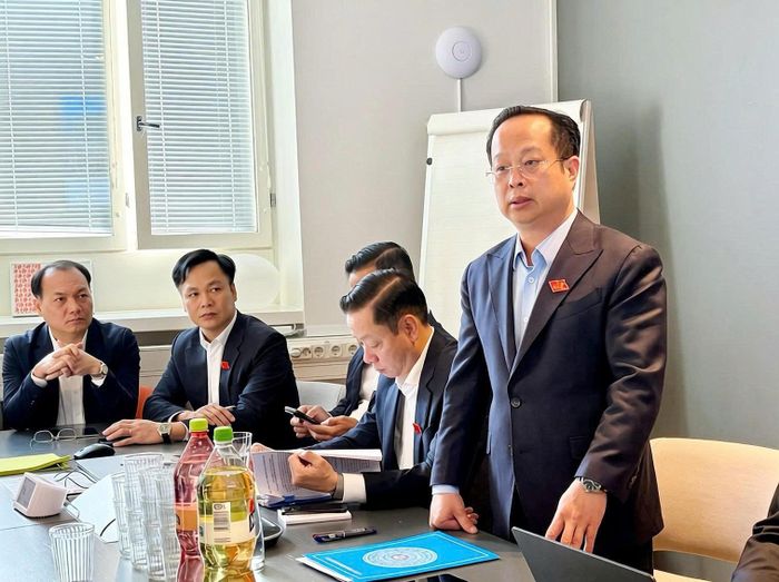 Phó Chủ tịch Thường trực HĐND thành phố Hà Nội Trần Thế Cương đề xuất một số hướng hợp tác cụ thể với Forum Virium Helsinki. Ảnh: HĐND