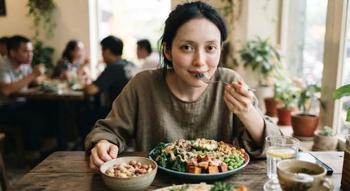 Ăn chay không đồng nghĩa với việc chắc chắn bị thiếu máu, nếu người ăn chủ động xây dựng thực đơn đa dạng, kết hợp đúng cách các nhóm thực phẩm. Ảnh minh họa AI