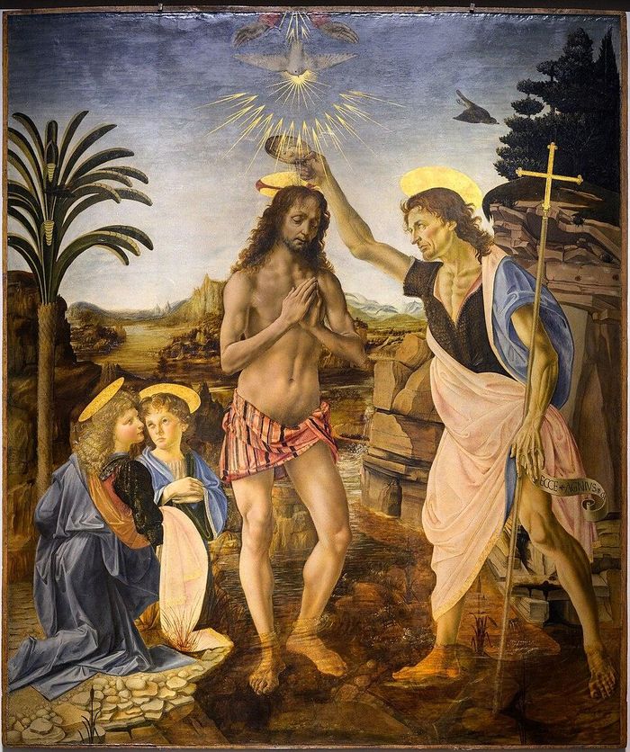  Tác phẩm Chúa Jesus rửa tội được vẽ bởi danh họa Andrea del Verrocchio và học trò tài năng của ông là Leonardo da Vinci vào khoảng năm 1472-1475. Ảnh: wikipedia. 
