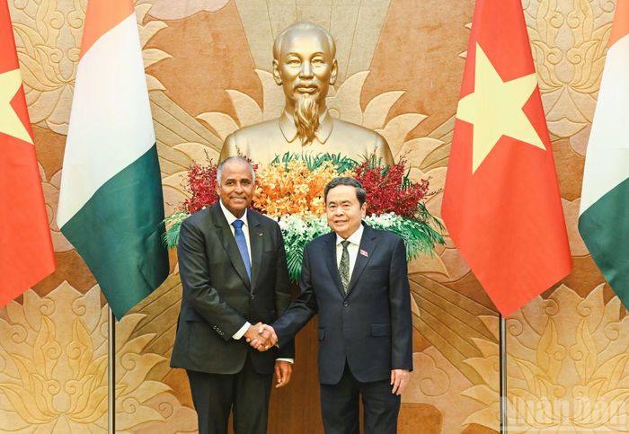 Chủ tịch Quốc hội Trần Thanh Mẫn và Chủ tịch Quốc hội Cộng hòa Bờ Biển Ngà Patrick Achi tại hội đàm. (Ảnh: DUY LINH)
