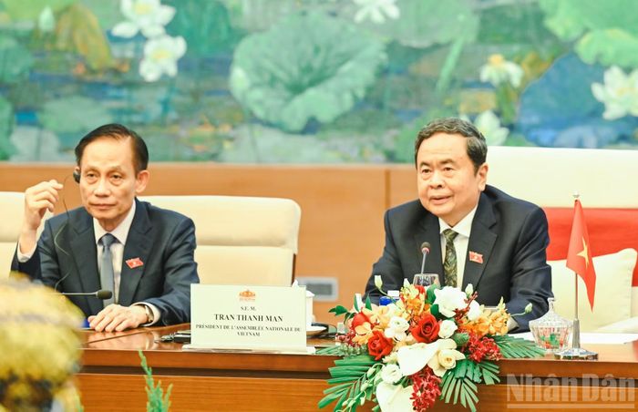 Chủ tịch Quốc hội Trần Thanh Mẫn phát biểu tại hội đàm. (Ảnh: DUY LINH)