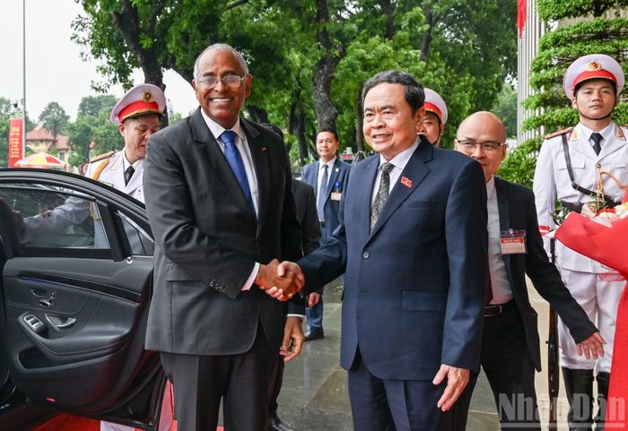  Chủ tịch Quốc hội Trần Thanh Mẫn đón Chủ tịch Quốc hội Cộng hòa Bờ Biển Ngà﻿ Patrick Achi. (Ảnh: DUY LINH) 