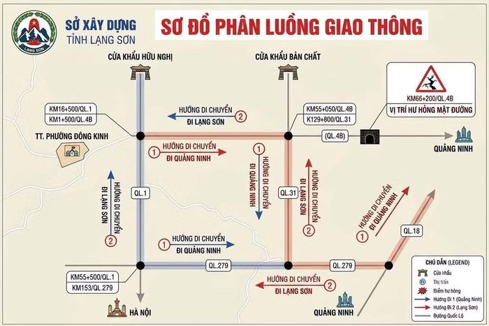 Sơ đồ phân luồng giao thông tạm thời trên tuyến Quốc lộ 4B. (Ảnh: Sở Xây dựng Lạng Sơn)