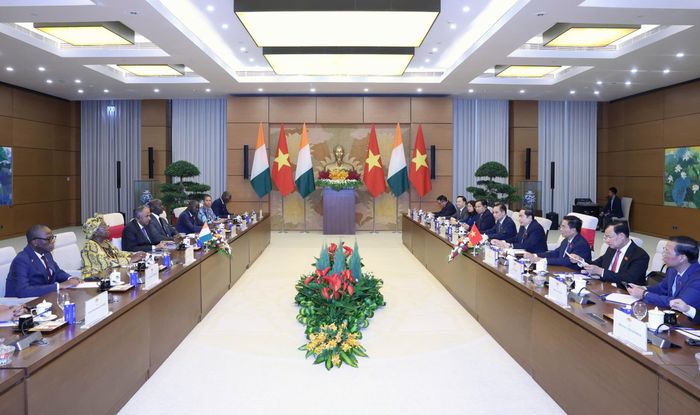  Chủ tịch Quốc hội Trần Thanh Mẫn hội đàm với Chủ tịch Quốc hội Patrick Achi cùng đoàn đại biểu cấp cao Quốc hội Bờ Biển Ngà, chiều 23-8. Ảnh: QUANG PHÚC 