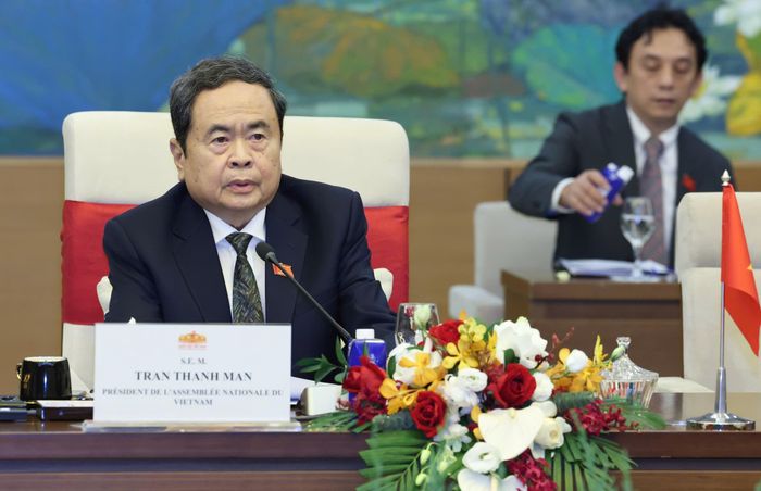  Chủ tịch Quốc hội Trần Thanh Mẫn phát biểu tại hội đàm với Chủ tịch Quốc hội Patrick Achi, chiều 23-8. Ảnh: QUANG PHÚC 