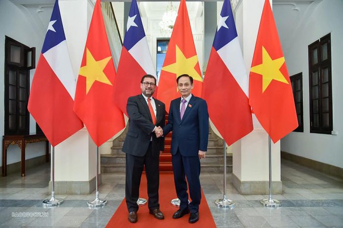 Ủy viên Bộ Chính trị, Bộ trưởng Ngoại giao Lê Hoài Trung và Bộ trưởng Ngoại giao Chile Francisco Pérez Mackenna chụp ảnh chung trước hội đàm.