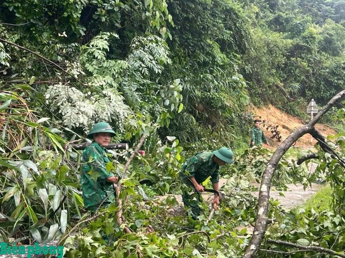 Cán bộ, chiến sĩ Đồn Biên phòng Quang Long, Bộ đội Biên phòng tỉnh Cao Bằng thu dọn cây gãy đổ, giải phóng tuyến đường ra khu vực các mốc biên giới. Ảnh: Đơn vị cung cấp