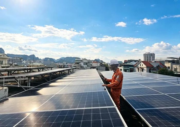 Nhân viên kiểm tra điện mặt trời mái nhà tại Công ty Điện lực Quảng Ninh.