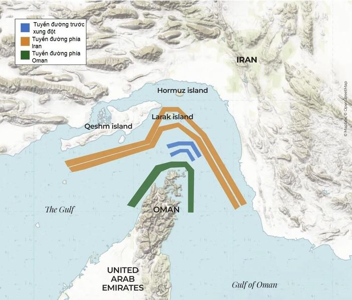 Các tuyến đường di chuyển qua eo biển Hormuz trước và trong xung đột. Đồ hoạ: Al Jareeza 