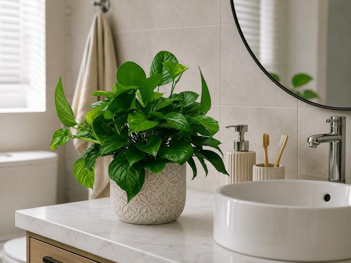 Cây trầu bà trong phòng tắm thanh lọc không khí.