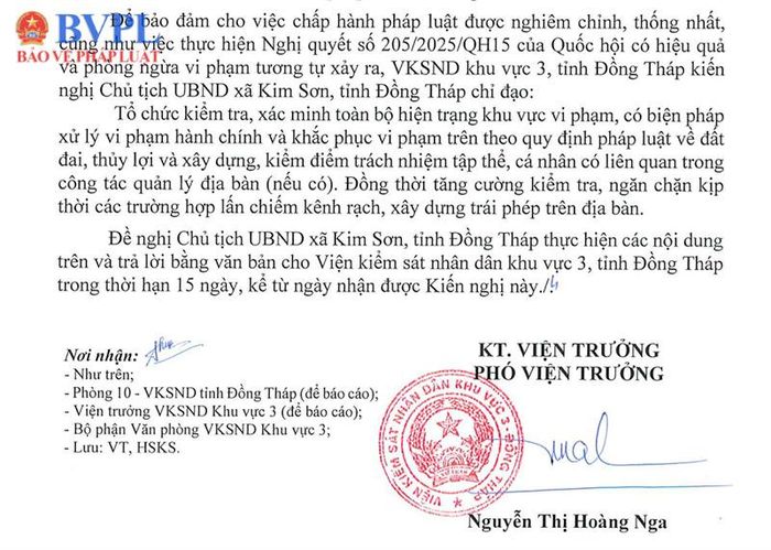  Văn bản kiến nghị của VKSND khu vực 3, tỉnh Đồng Tháp.