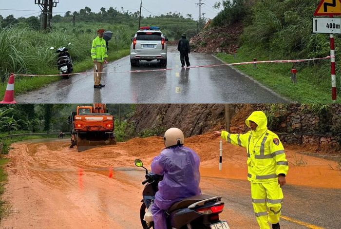 Đội CSGT đường bộ số 3, Phòng CSGT Công an tỉnh Quảng Ninh khẩn trương khắc phục hậu quả bão số 4.