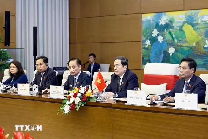 Chủ tịch Quốc hội Trần Thanh Mẫn phát biểu tại hội đàm. (Ảnh: Doãn Tấn/TTXVN)